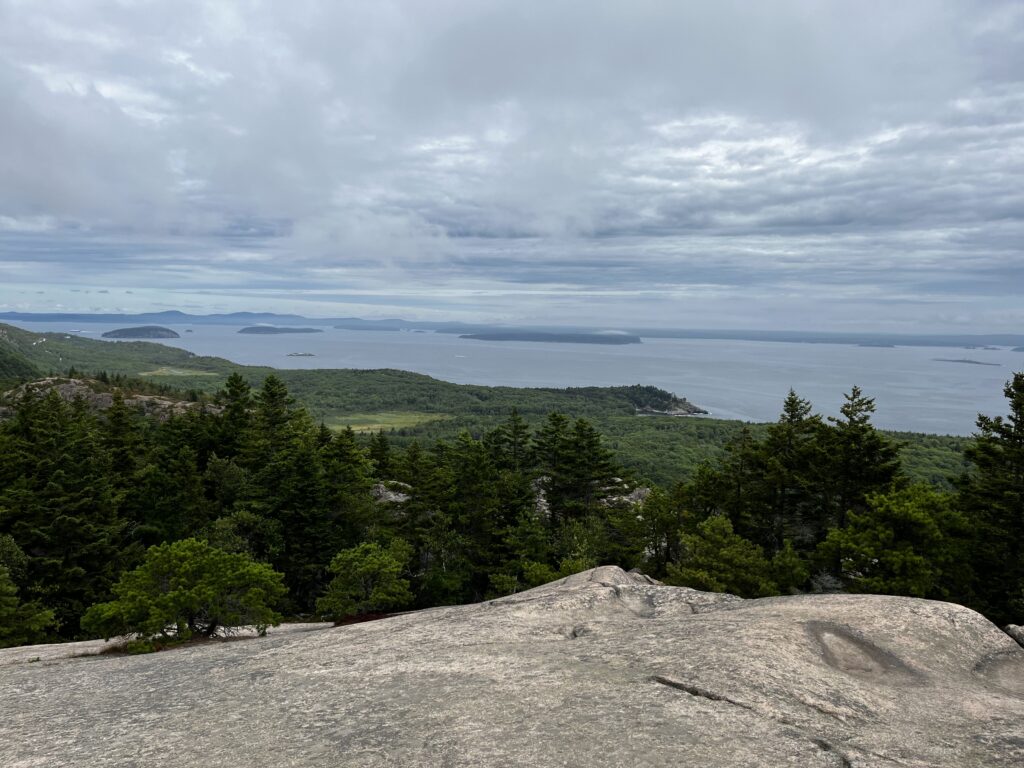 View from the Beehive Trail. Rocky terrain overlooking evergreen trees and an ocean bay. 