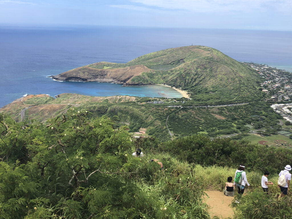 This photo is a top view of Hanauma Bay, a must visit on a 5 Day Oahu Itinerary. There is lush greenery and hills with a beautiful blue bay and beach in the center.