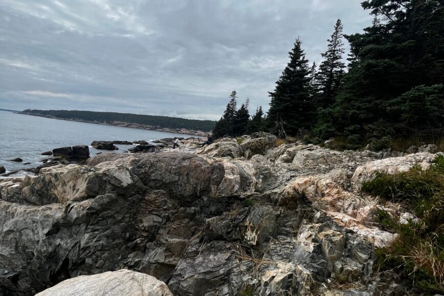 Rocky beach with evergreen trees in the background on a cloudy day.