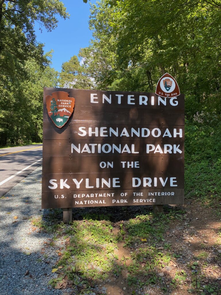 Inviting entrance to Skyline Drive in summer, framed by lush greenery and vibrant flora, welcoming visitors to the scenic beauty of Shenandoah National Park.