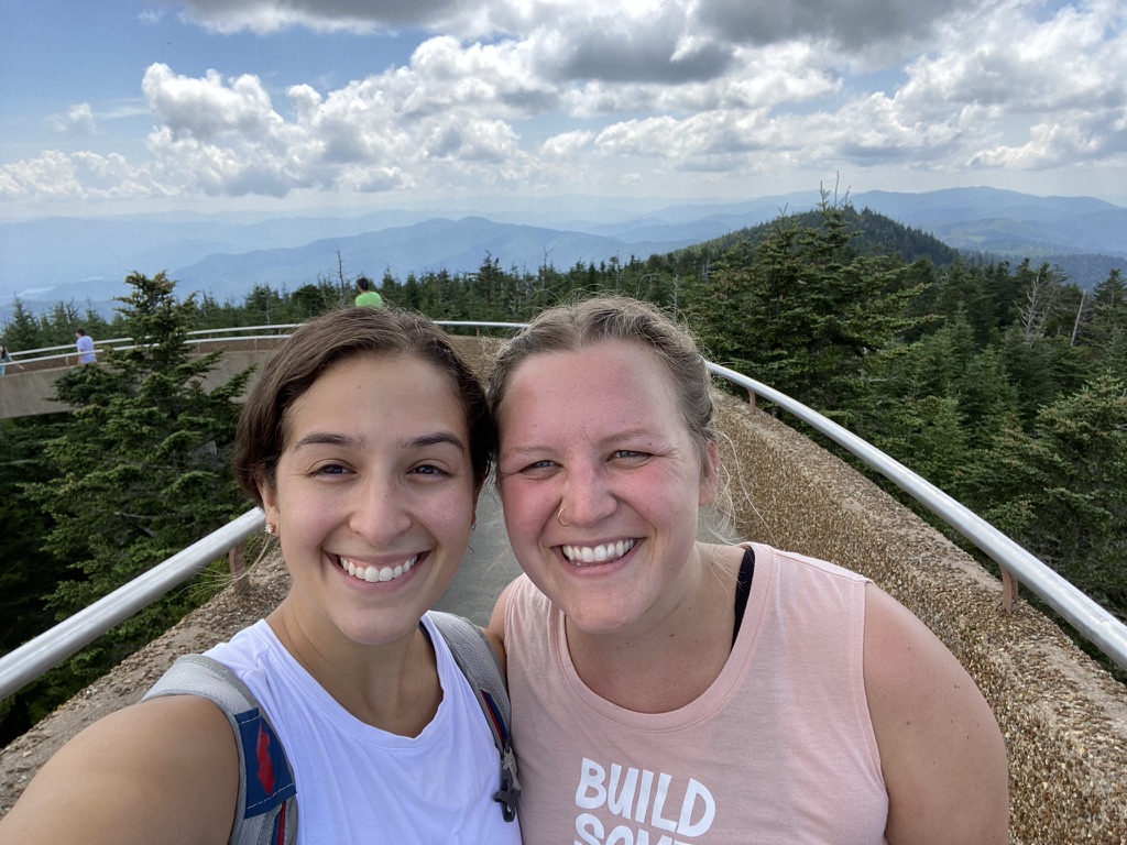 Madi and Lindsay on Clingman's Dome with a mountain view in the background. 