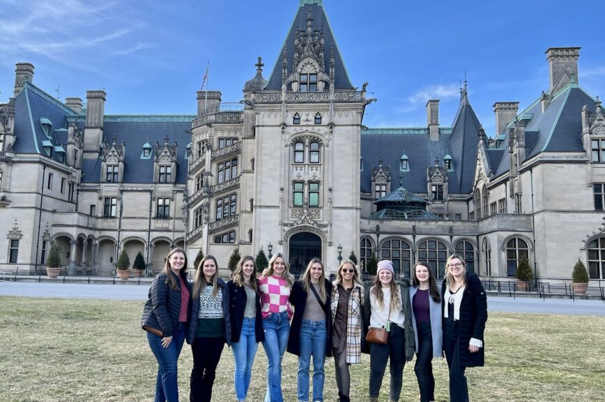 Asheville bachelorette party group in front of the Biltmore Estate.