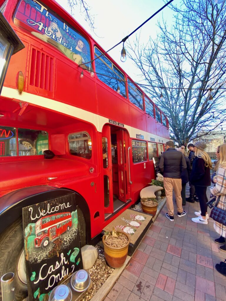 Double D's Coffee bus which looks like a red London double decker bus.