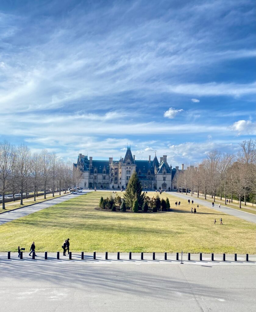 The Biltmore Estates mansion with front lawn.